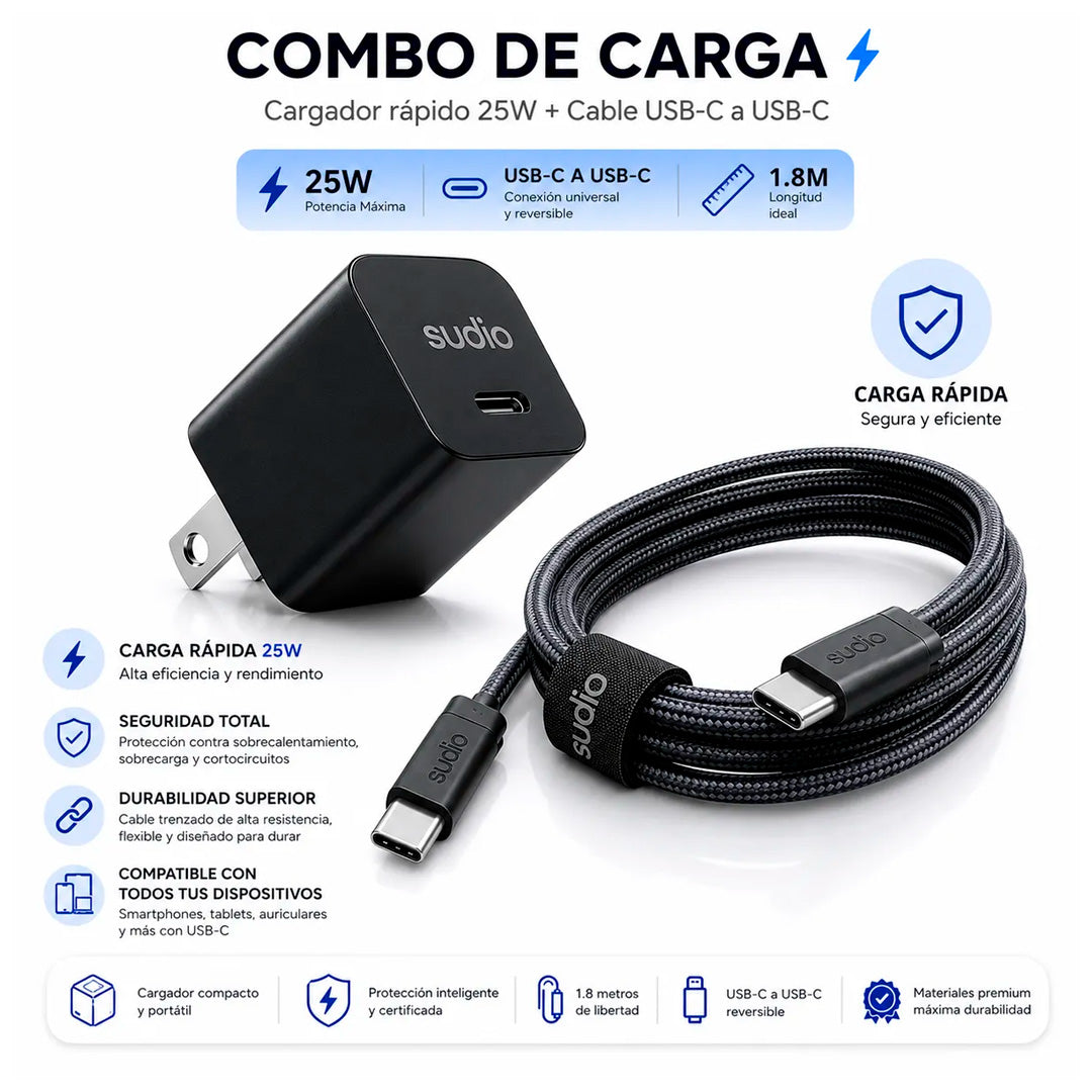 Combo Cargador Sudio P1 25w + Cable Usb C Trenzado 1.8m